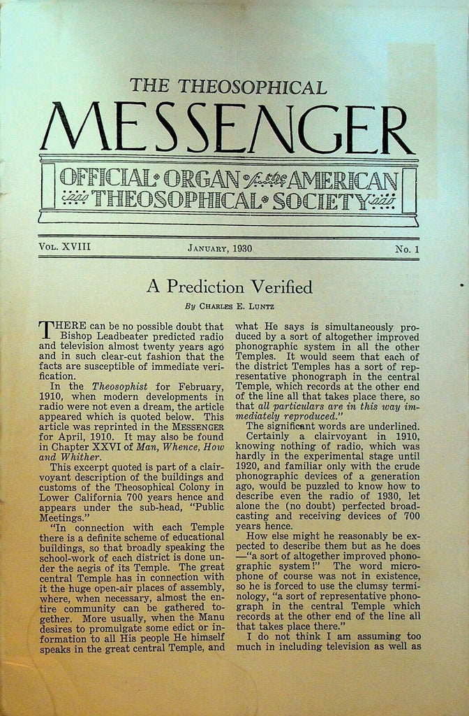 Theosophical Messenger Magazine January 1930 Radio & Television
