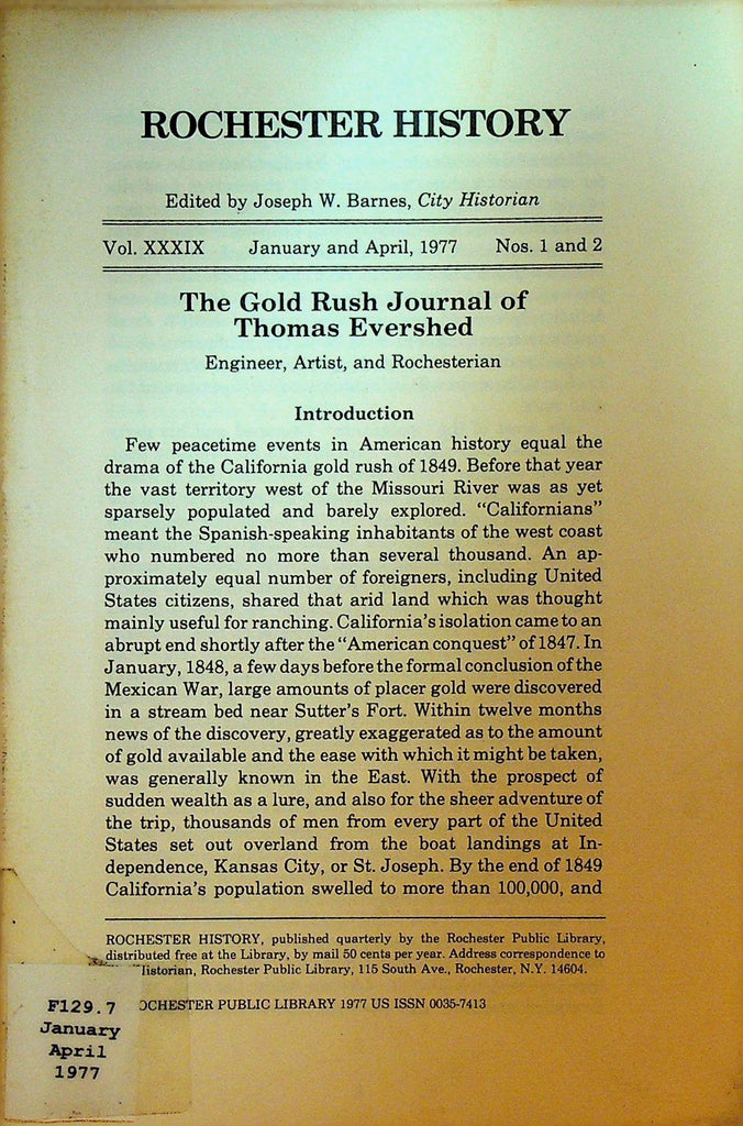 Rochester History NY January 1977 Thomas Evershed Gold Rush Journal0