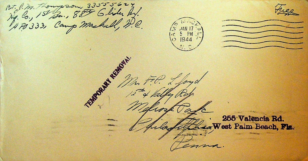 Temporary Removal Free Frank Soldier Cover WWII 1944 Camp Mackall NC0