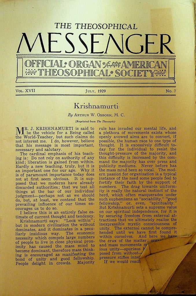 American Theosophical Messenger July 1929 Krishnamurti Arthur Osborn