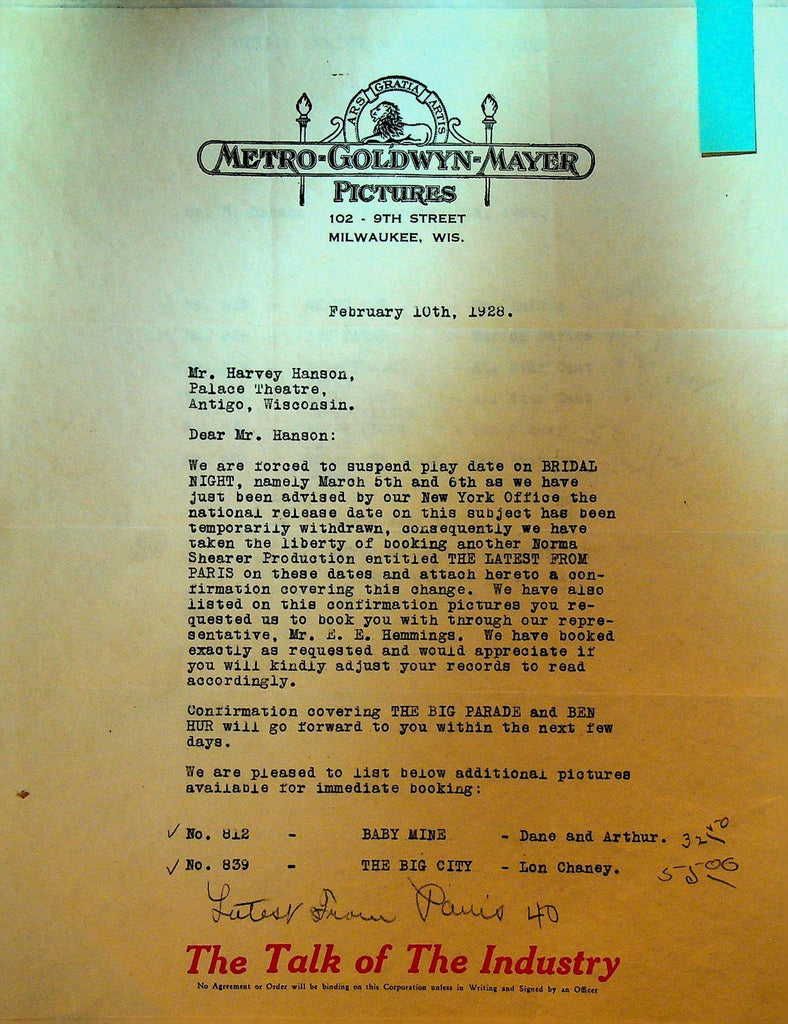 Metro Goldwyn Mayer Letterhead February 10 1928 Marion Davies Lon Chaney0