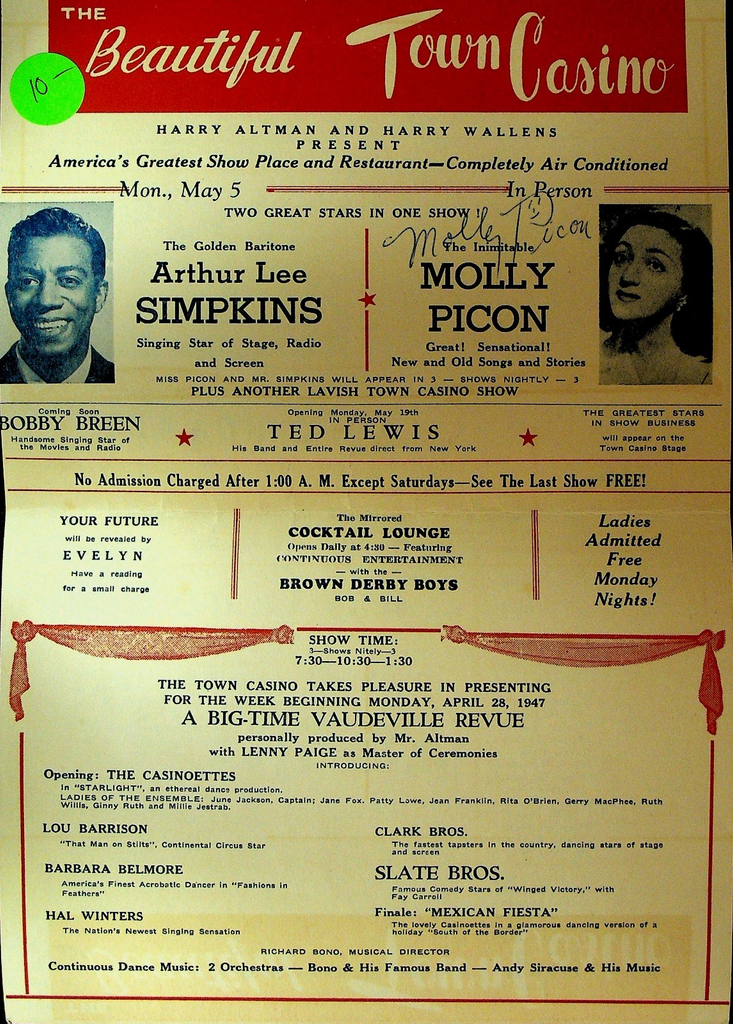 Molly Picon 1947 Signed Souvenir Program Card Town Casino Buffalo NY0