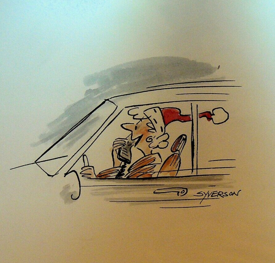Henry S Syverson Original Art Woman on Car Phone Wearing Santa Hat0