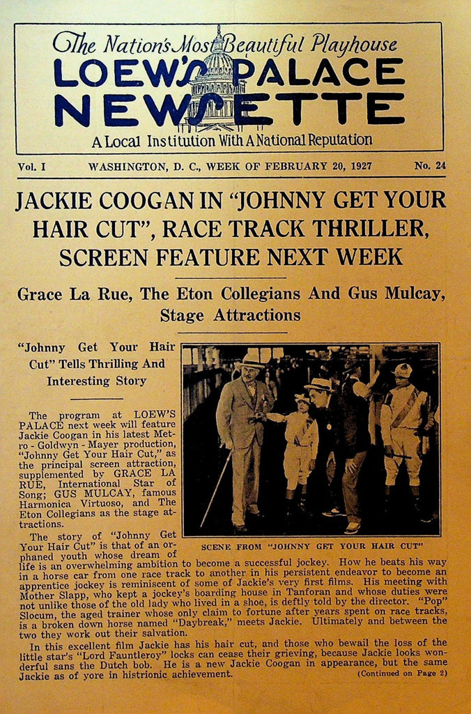 Loew's Palace Newsette February 20 1927 Jackie Coogan Grace La Rue Gus Mulcay0