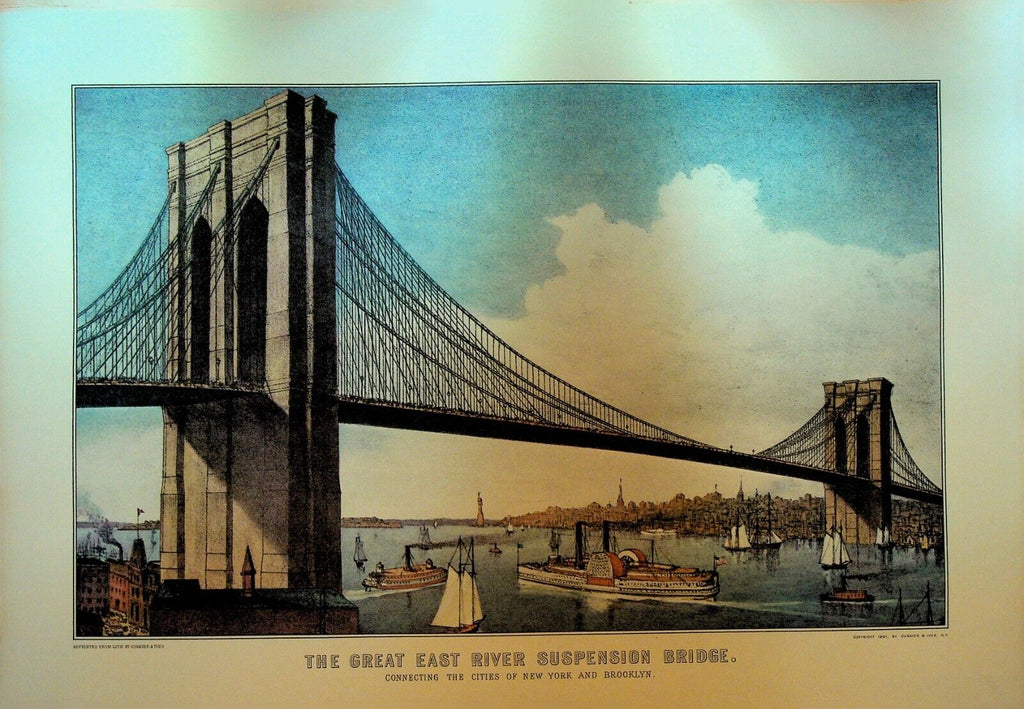 Currier & Ives Calendar Topper 1968 Great East River Suspension Bridge Brooklyn