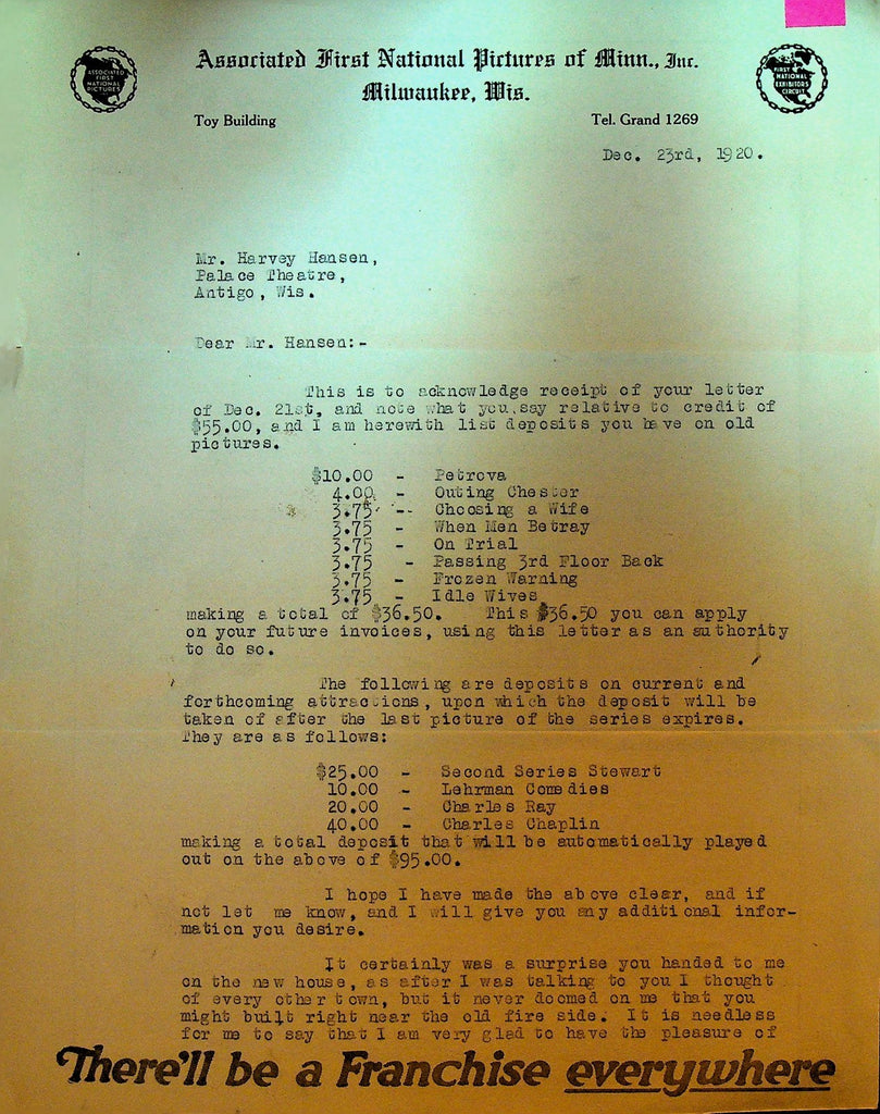 Associated First National Pictures Letterhead December 23 1920 Outing Chester0