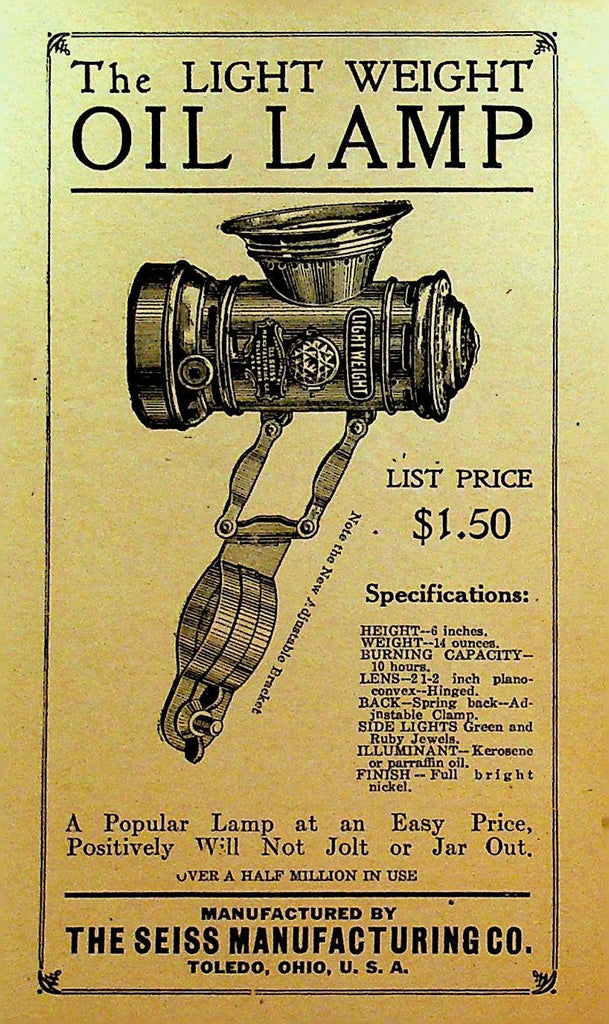 Seiss Manufacturing Light Weight Oil Lamp Ad Sheet Toledo Ohio0