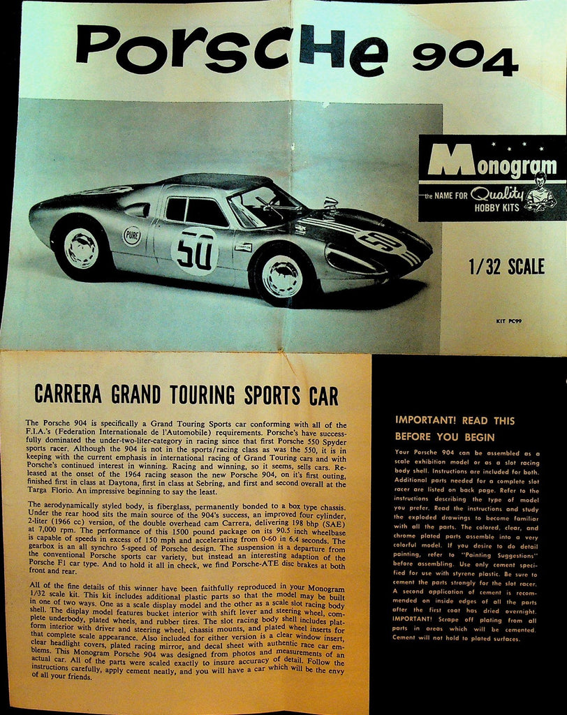 Porsche 904 Monogram Hobby Kit 1964 Instructions Carrera Grand Touring Car0