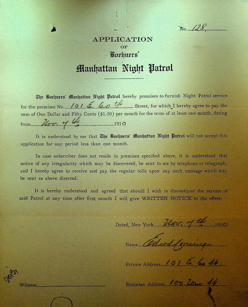 Boehners Manhattan Night Patrol Signed Contract 1910 Edward Loring 101 E 60th St