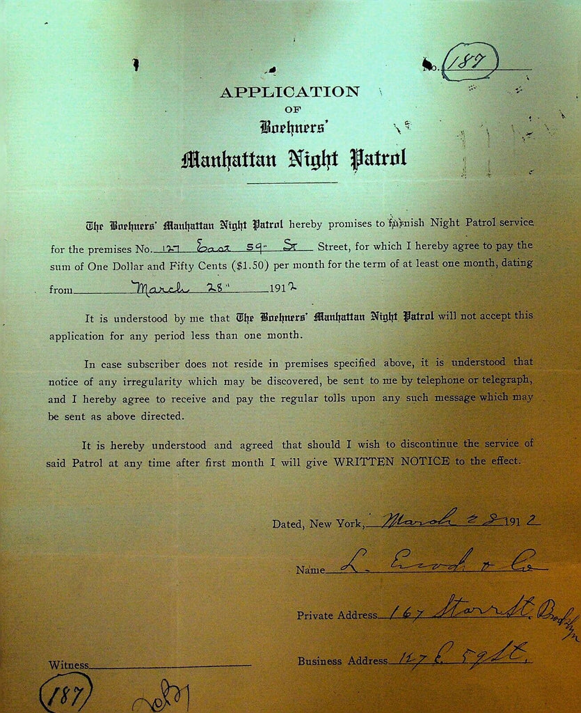 Boehners Manhattan Night Patrol Signed Contract 1910 L Erod Co 127 E 59th St