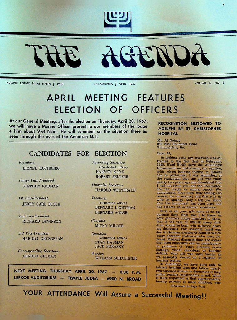 The Agenda Magazine April 1967 Adelphi Lodge B'Nai B'Rith Officer Elections0