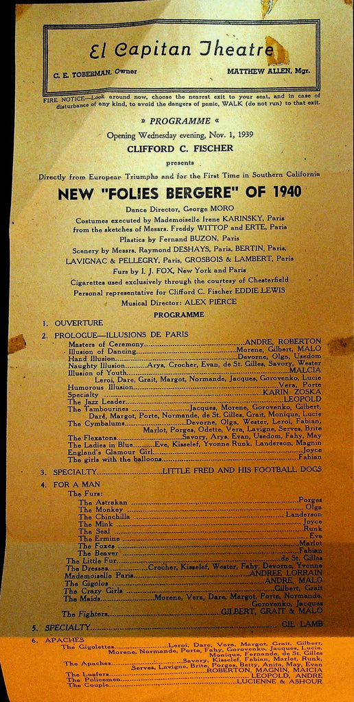 New Folies Bergere of 1940 Broadside Steve Geray Tino Crisa Gil Lamb0