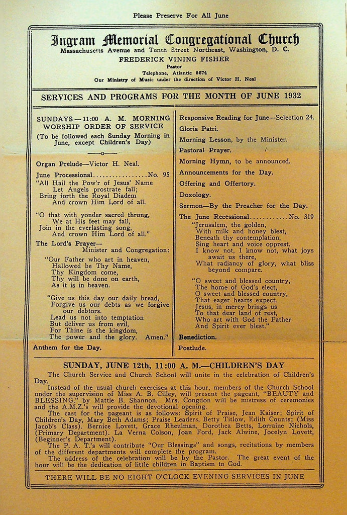 Ingram Memorial Congregational Church Bulletin June 1932 Washington DC0
