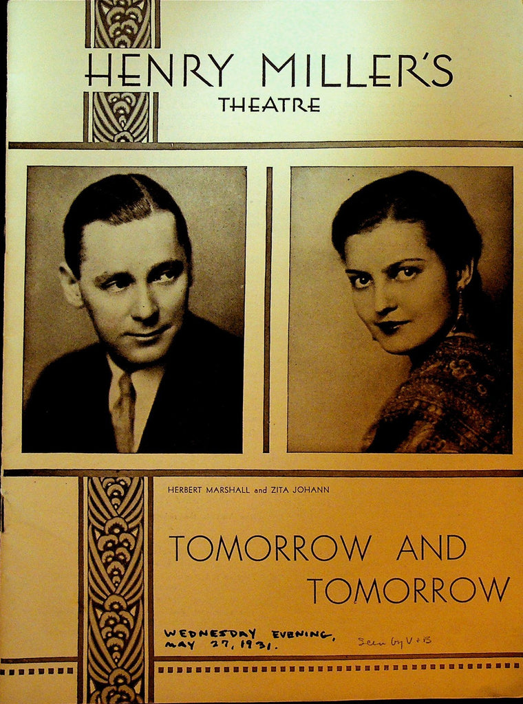 Tomorrow & Tomorrow Playbill May 18 1931 Zita Johann Harvey Stephens0