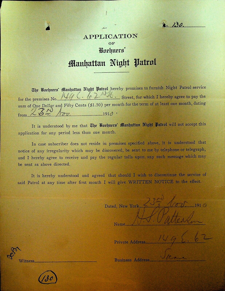 Boehners Manhattan Night Patrol Signed Contract 1910 HS Patterson 149 E 62nd St