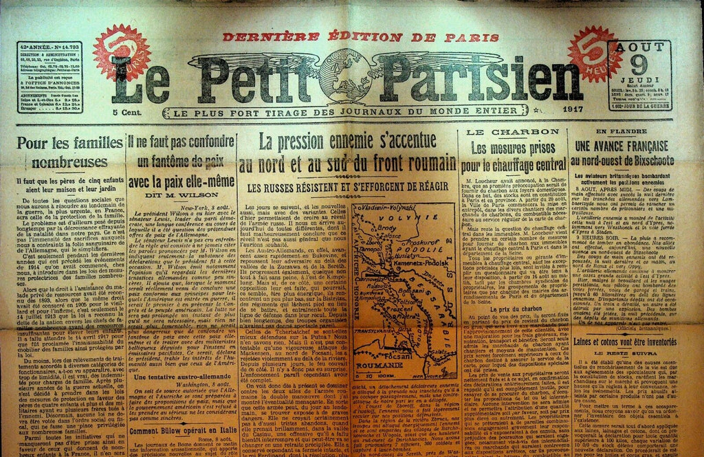 Le Petit Parisien WWI Newspaper France August 9 1917 Eastern Front Map