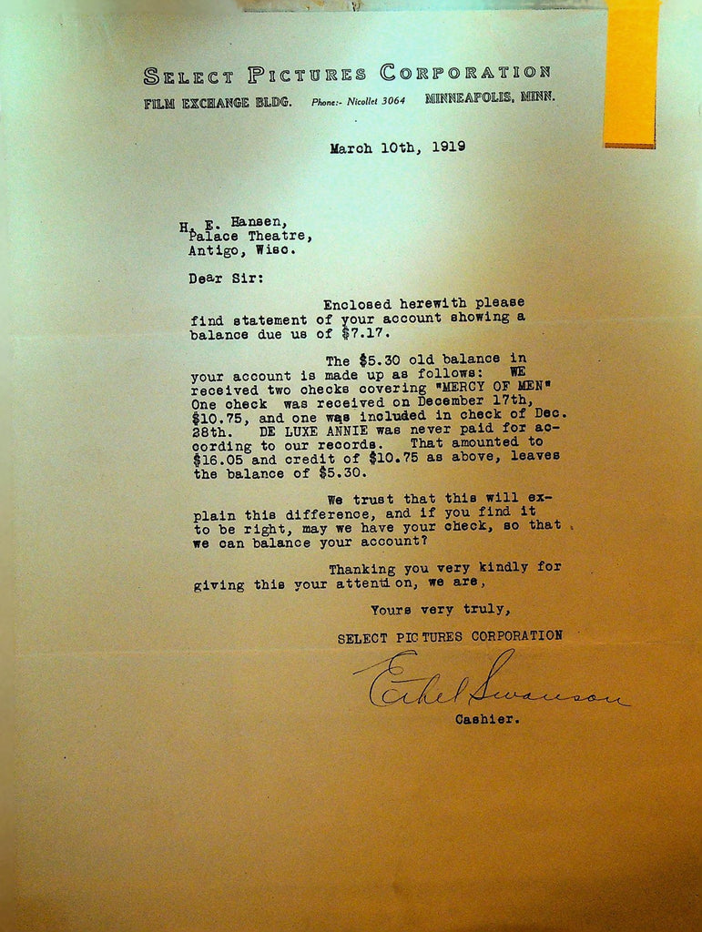 Select Pictures Letterhead March 10 1919 Mercy of Men Deluxe Annie0