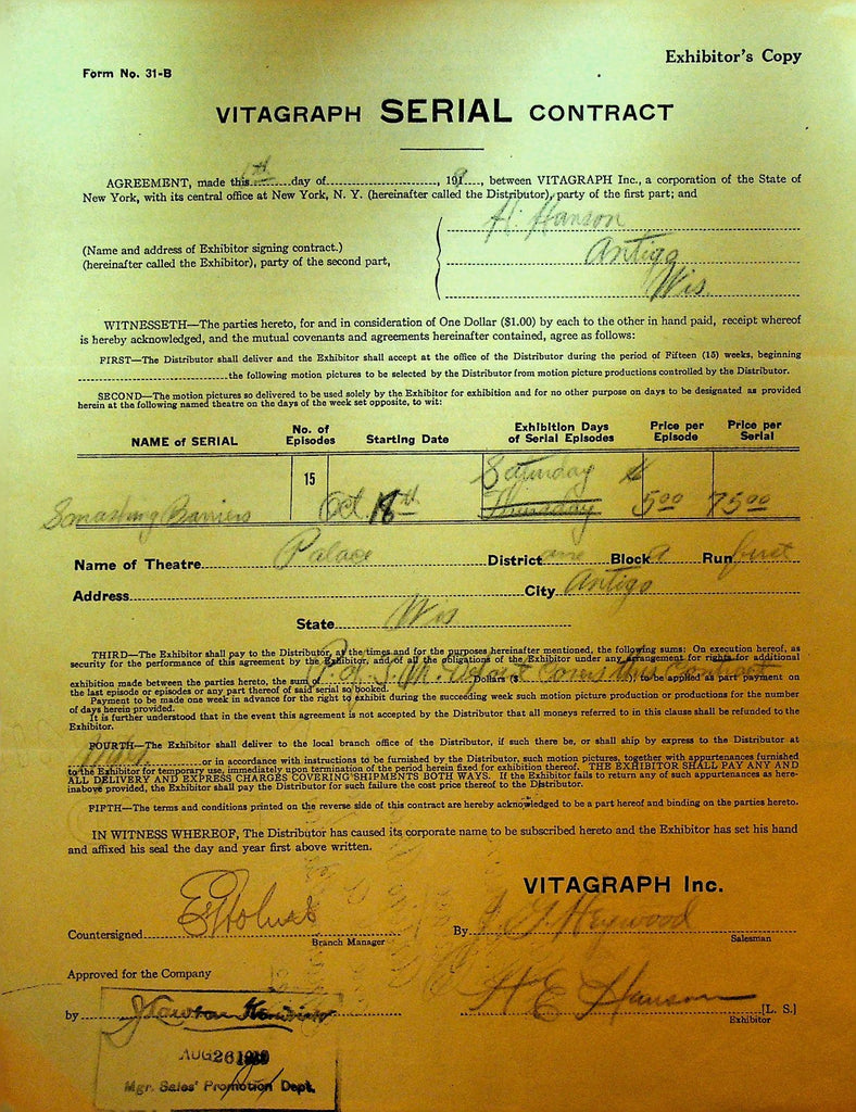 Vitagraph Serial Contract August 26 1919 Smashing Barriers0
