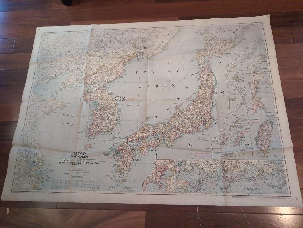 1945 National Geographic Cloth Map Japan Korea US Occupation Missionary Estate0