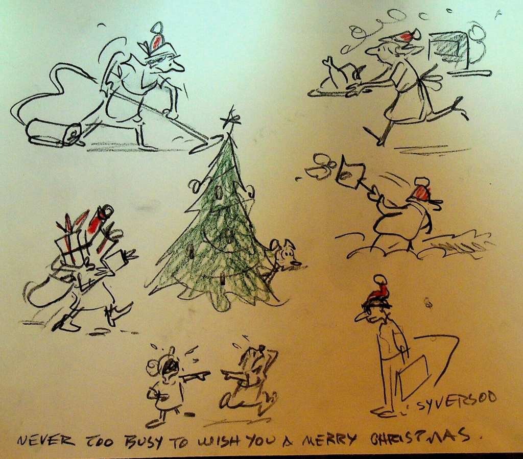 Henry S Syverson Original Art Wish You a Merry Christmas Busy Cook Vacuum Tree