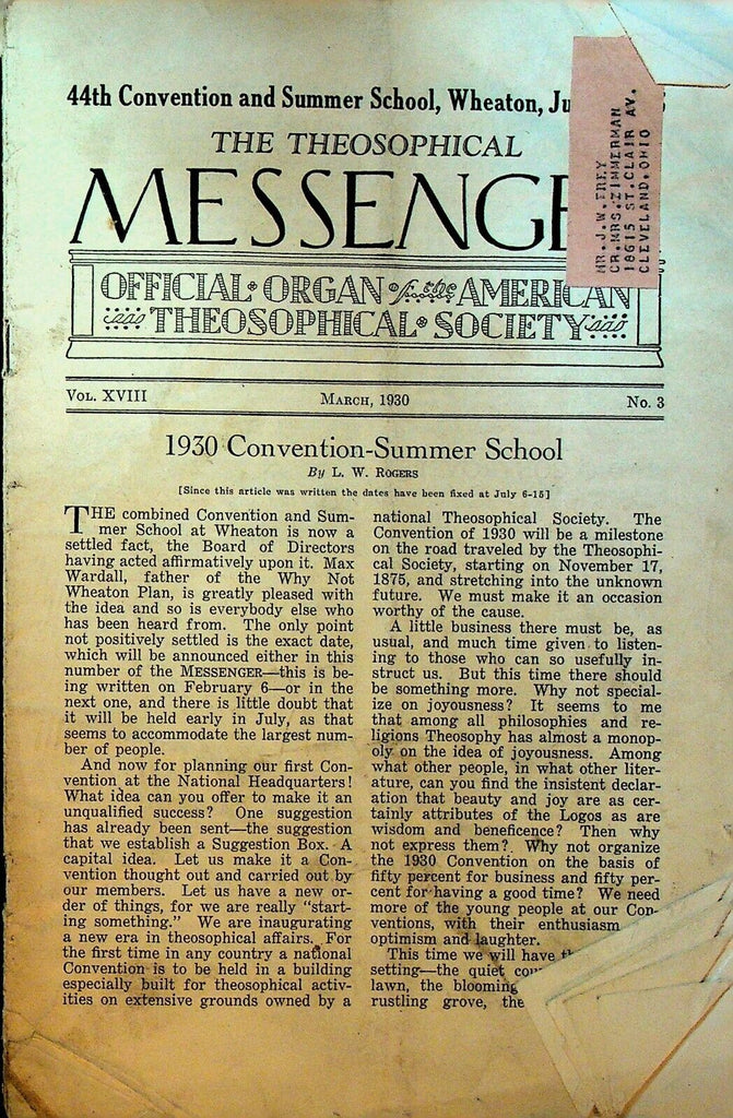 Theosophical Messenger Magazine March 1930 Convention Summer School