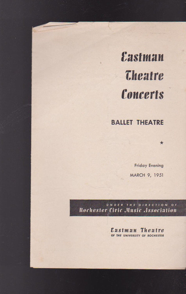 Ballet Theatre Program Eastman Theatre Rochester NY March 9 19510