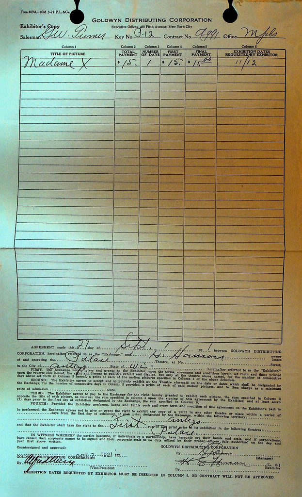 Goldwyn Distributing Contract September 27 1921 Madame X Silent Film0