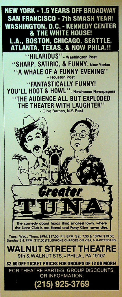 Greater Tuna Ad Card 1990 Walnut Street Theatre Philadelphia Pa0