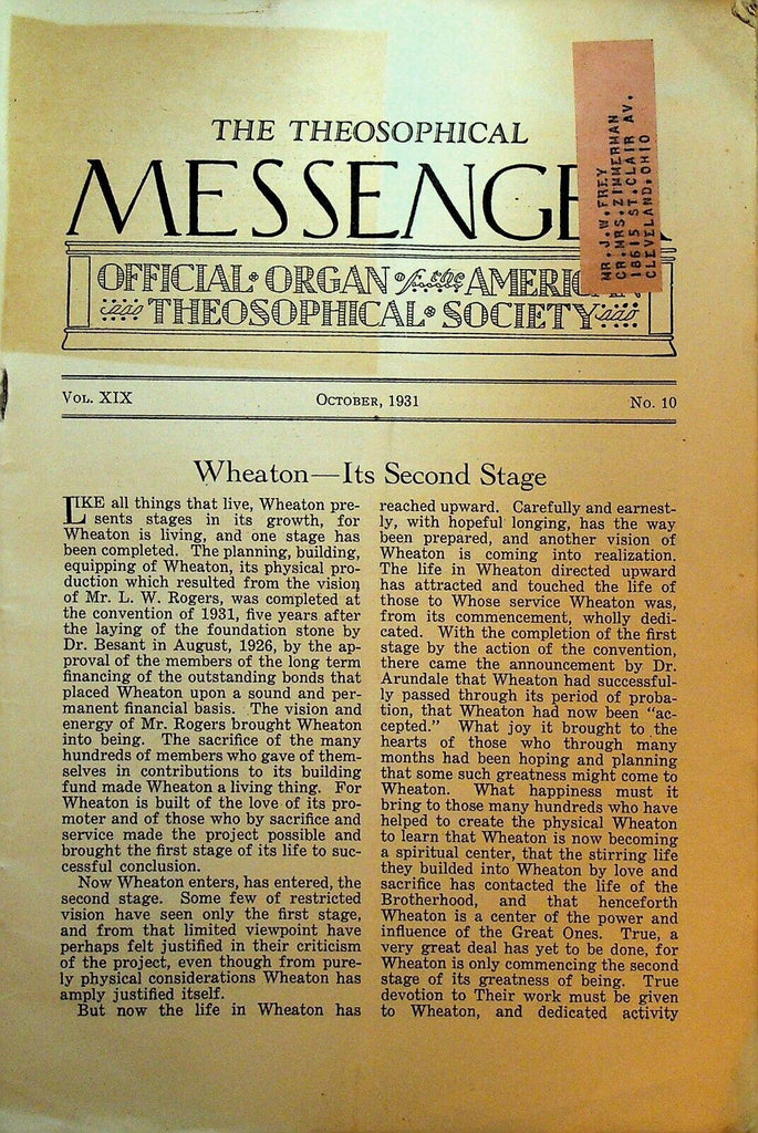American Theosophical Messenger October 1931 Wheaton