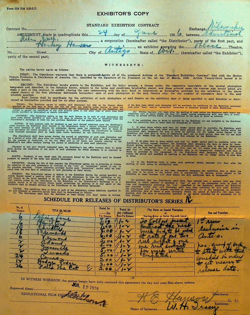 Standard Exhibition Contract June 24 1926 Felix the Cat Hodge Podge Vermont0