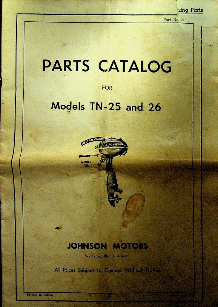 Johnson Sea Horse Outdoor Motors Parts Catalog Models TN 25 26 19510