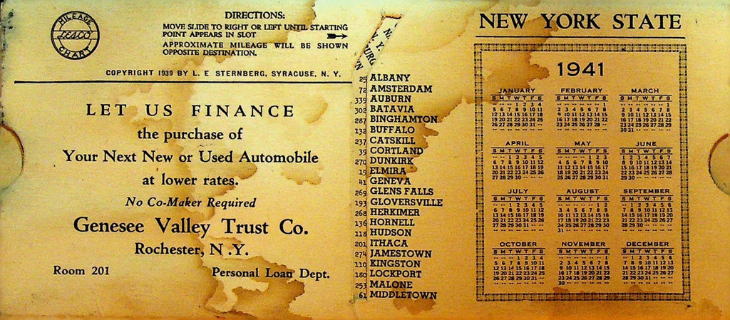 Lesco Mileage Chart 1939 New York State Genesee Valley Trust Rochester0