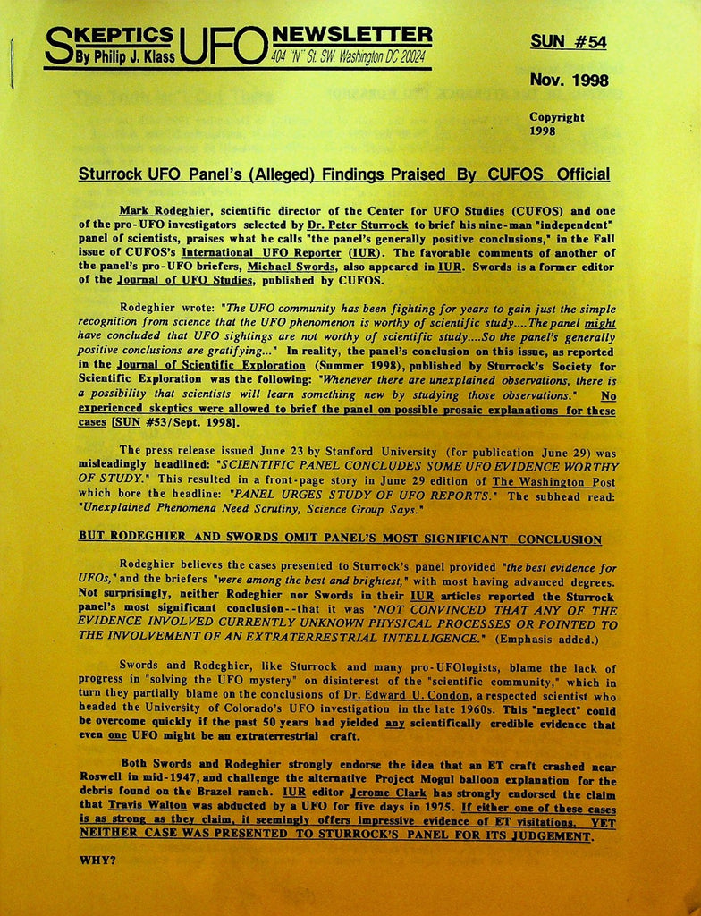 Skeptics UFO Newsletter 54 November 1998 Philip J Klass Peter Sturrock0