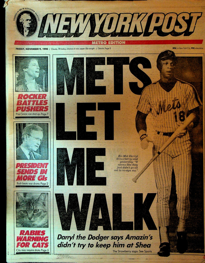 New York Post November 9 1990 Darryl Strawberry Paul Simon George Bush0