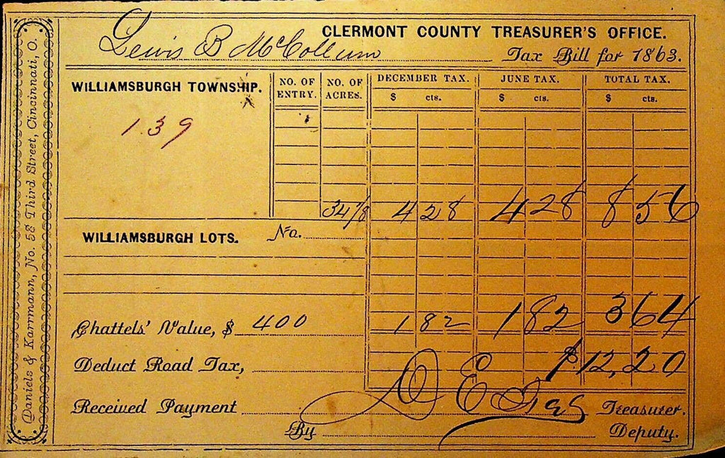Clermont County Treasurer's Office Ohio Tax Bill 1863 #139