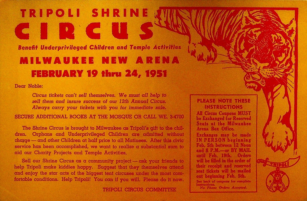 Tripoli Shrine Circus 1951 Advertising Postcard Tiger0