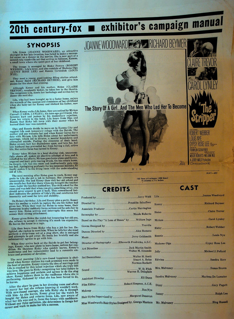 The Stripper 20th Century Fox Exhibitor's Campaign Manual Joanne Woodward 19630