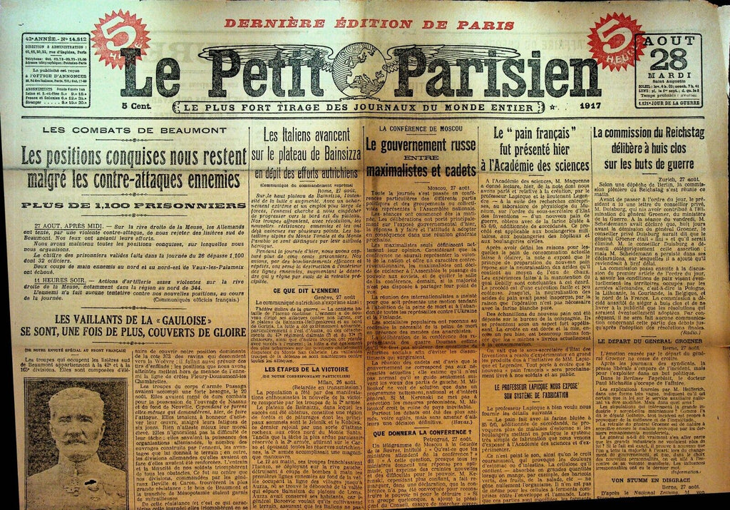 Le Petit Parisien WWI Newspaper France August 28 1917 Germain Passaga