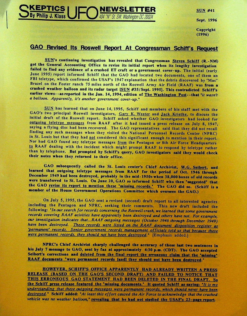 Skeptics UFO Newsletter 41 September 1996 Philip J Klass Roswell Report0