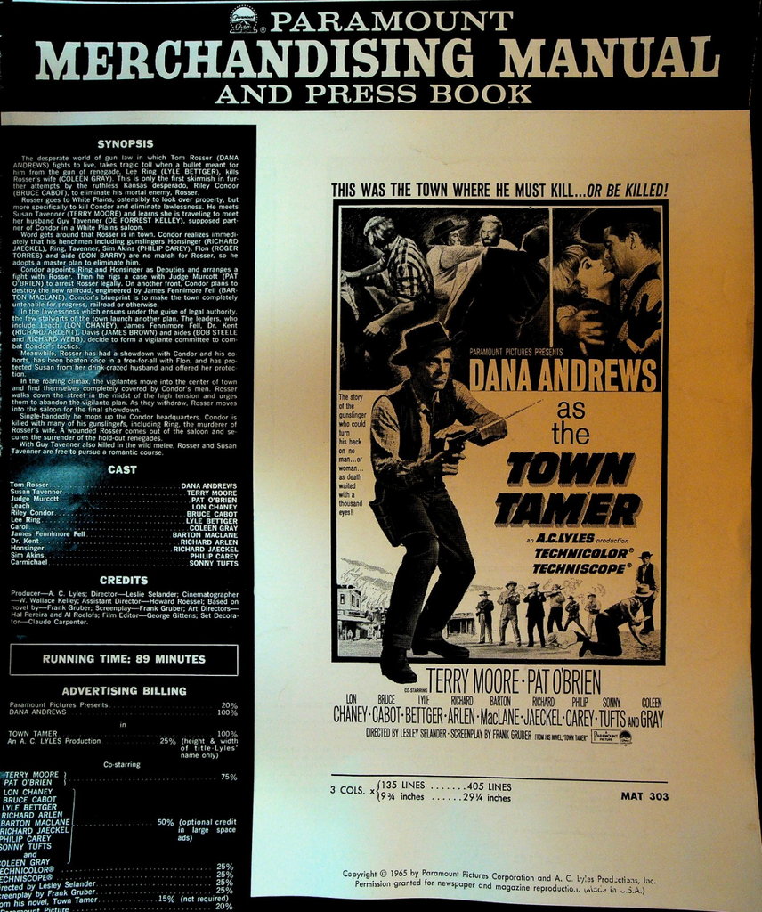 Town Tamer Paramount Merchandising Manual & Press Book1965 Western Dana Andrews0