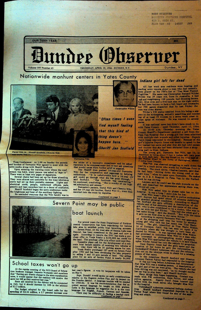Dundee Observer April 19 1984 Upstate NY Christopher Wilder Dawnette Wilt0