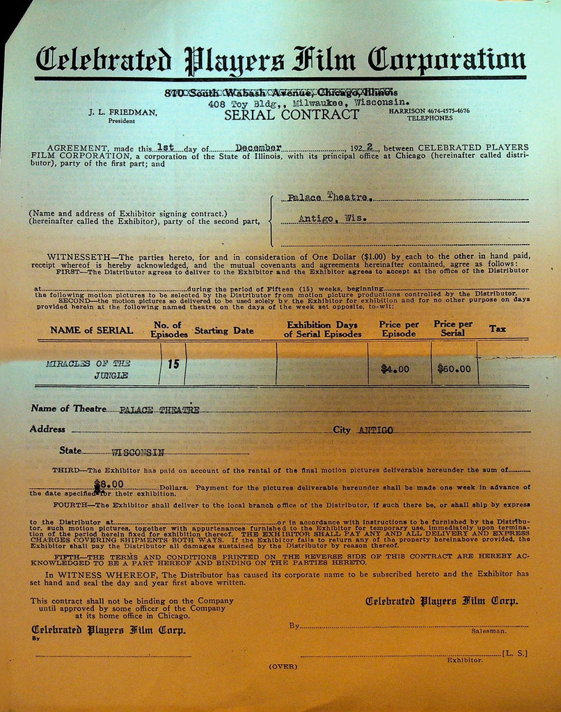 Celebrated Players Film Serial Contract December 1 1922 Miracles of the Jungle0