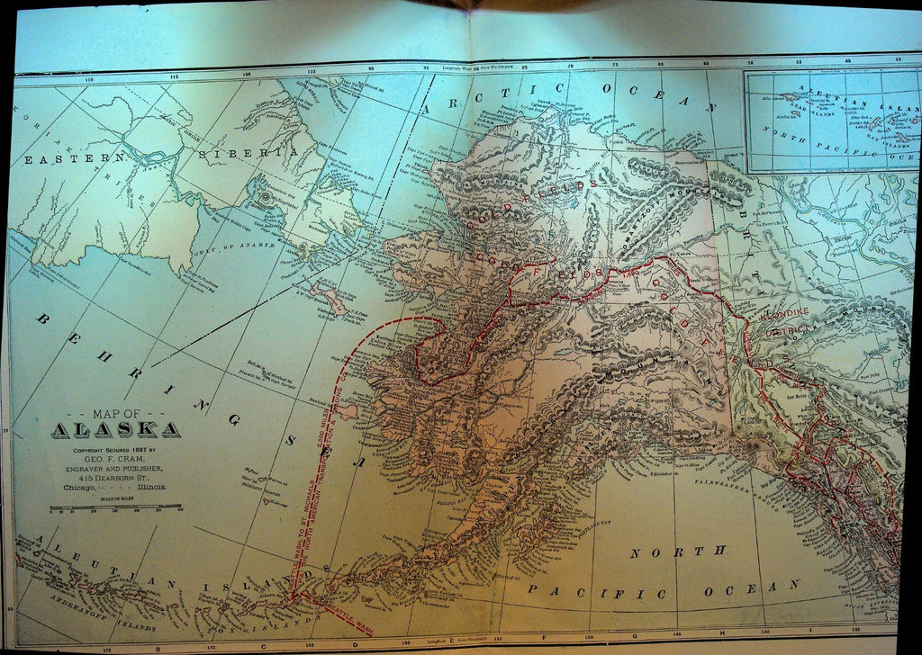 Alaska Map 1897 Cram's Family Atlas of the World 14 1/2 x 220