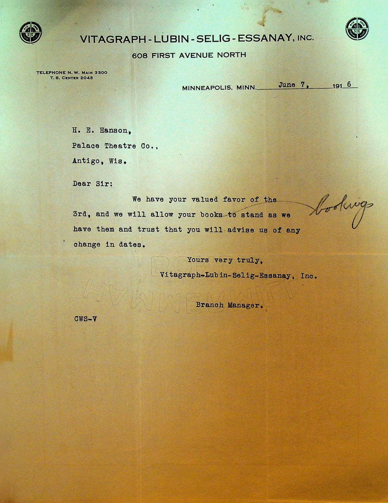 Vitagraph Lubin Selig Essanay Letterhead June 7 1916 Palace Theatre Antigo Wi0