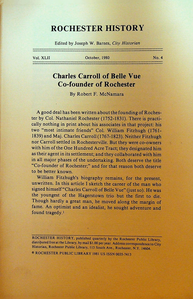 Rochester History Magazine October 1980 Charles Carroll of Belle Vue0