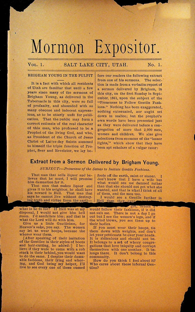 Mormon Expositor 1875 Volume 1 #1 Anti-Mormon Pamphlet Salt Lake City Utah0