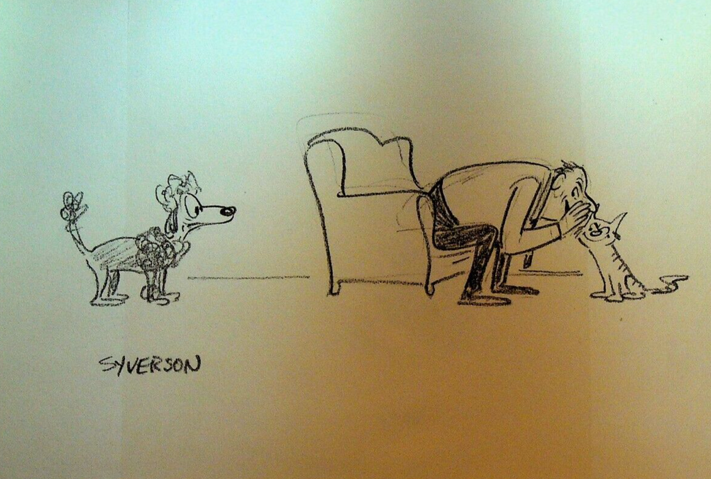 Henry S Syverson Original Man Conspiring With Cat Against Poodle Dog