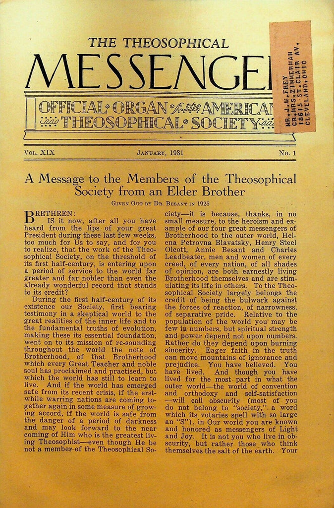 Theosophical Messenger Magazine January 1931 Dr Besant