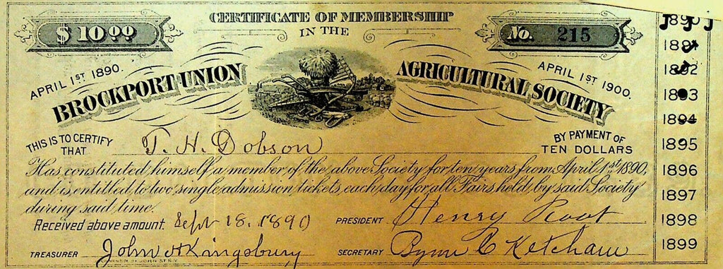 Brockport NY Agricultural Society Certificate of Membership 1890 TH Dobson