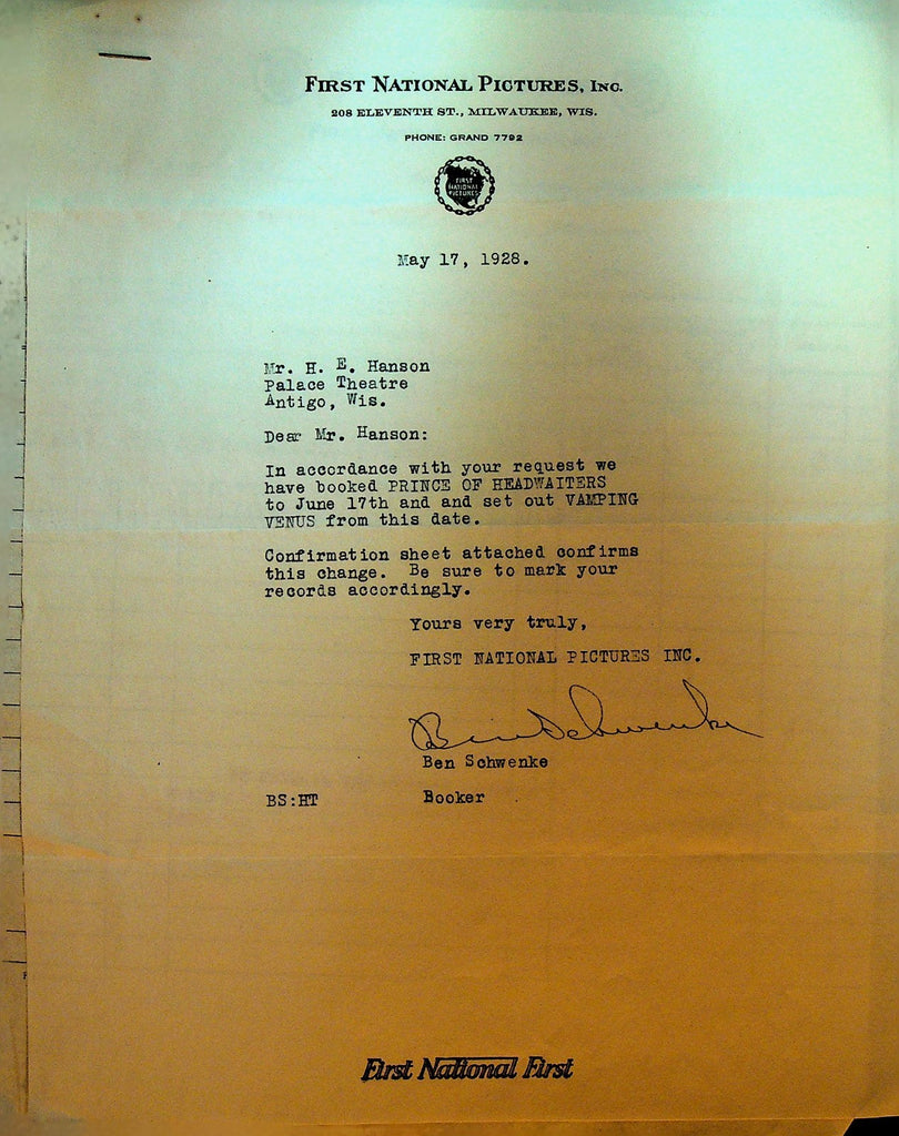 First National Pictures Letterhead May 17 1928 Prince of Headwaiters0